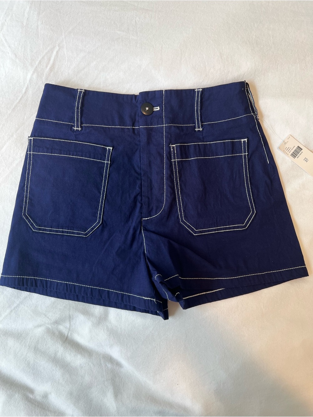 Anthropologie Maeve Navy Cotton-Blend High-Rise Jean Shorts with White Topstitch